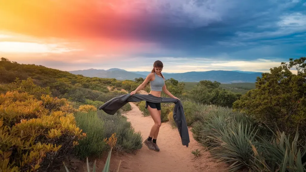 A scenic hiking trail with diverse weather conditions: one woman in convertible hiking pants, adjusting them from long to shorts, surrounded by lush greenery, distant mountains, and a vibrant sky transitioning from sunny to cloudy.