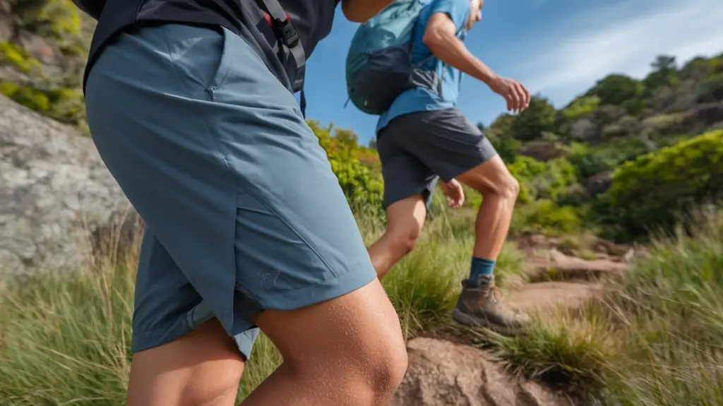 a close-up of lightweight, breathable hiking shorts, featuring moisture-wicking fabric, a flexible waistband, and articulated seams, set against a vibrant nature backdrop with a hiker comfortably navigating a trail