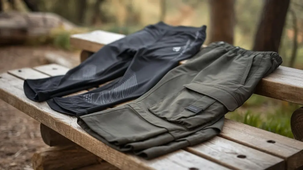 A close-up of 2 women's hiking bottoms displayed on a wooden bench, showcasing different fits and sizes, including stretchy leggings, cargo pants, and shorts, surrounded by nature, highlighting comfort and trail performance.