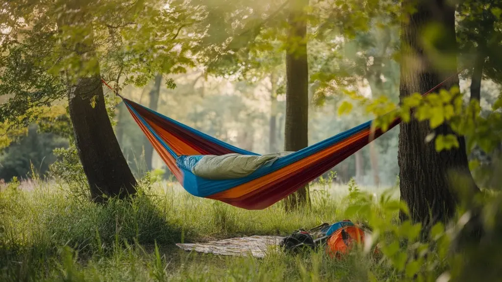 A serene forest scene featuring a colorful hammock tent suspended between two trees, surrounded by lush greenery, with soft sunlight filtering through leaves, a cozy sleeping bag inside, and camping gear neatly arranged nearby.