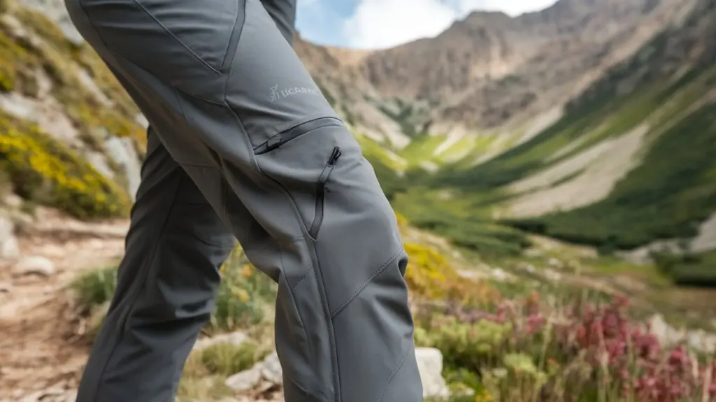 A close-up of a rugged yet stylish pair of women's hiking pants, showcasing durable fabric and flexible seams, set against a backdrop of a scenic mountain trail with vibrant greenery and rocky terrain.