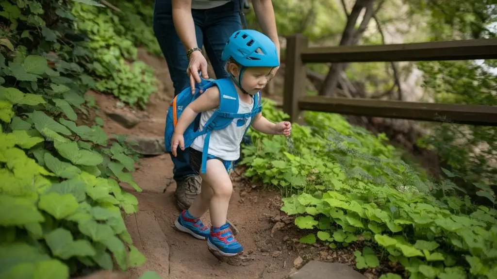 A vibrant forest trail with a toddler wearing colorful hiking shoes, exploring nature. Surrounding them are safety gear like a helmet and a small backpack, alongside a parent guiding them, emphasizing adventure and protection