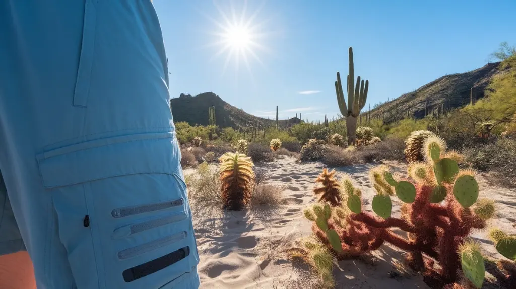 A vibrant desert landscape under a blazing sun, featuring a close-up of lightweight, breathable hiking shorts with multiple pockets, showcasing moisture-wicking fabric, surrounded by cacti and sandy terrain, evoking adventure and comfort