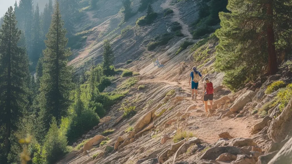 A rugged mountain trail with diverse terrain, featuring hikers in vibrant, breathable shorts. Sunlight filters through towering pines, highlighting the shorts' functional pockets and stretchy fabric, as they navigate rocky paths and lush greenery.