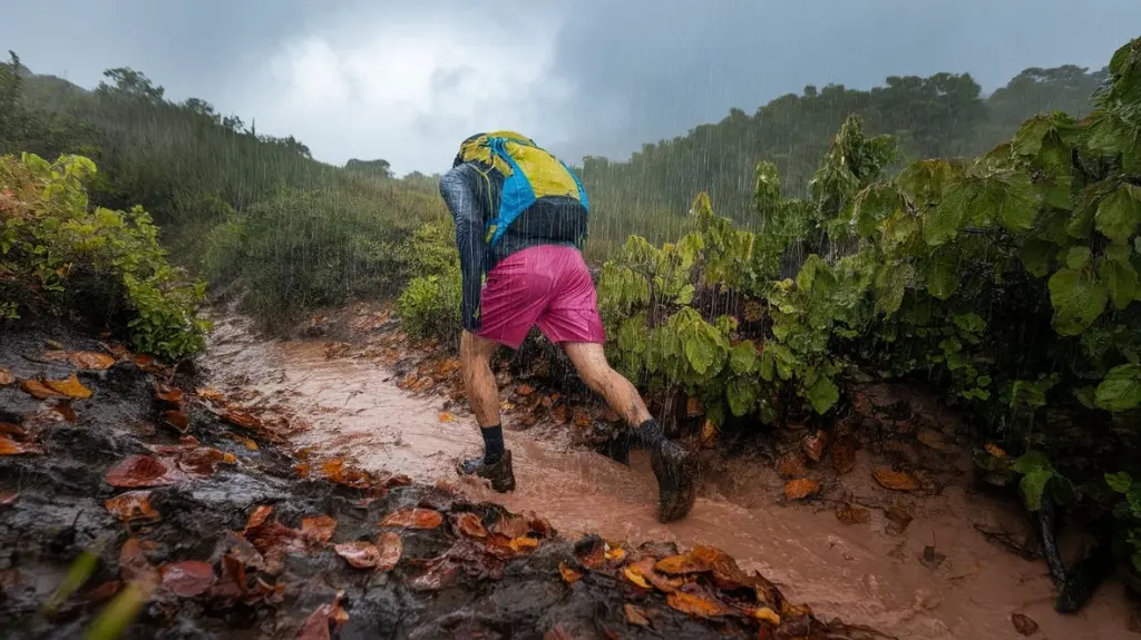 A rugged landscape featuring a hiker navigating a muddy trail in vibrant, waterproof shorts. Raindrops splatter against the fabric, while lush greenery and a misty sky create a dynamic, adventurous atmosphere. 