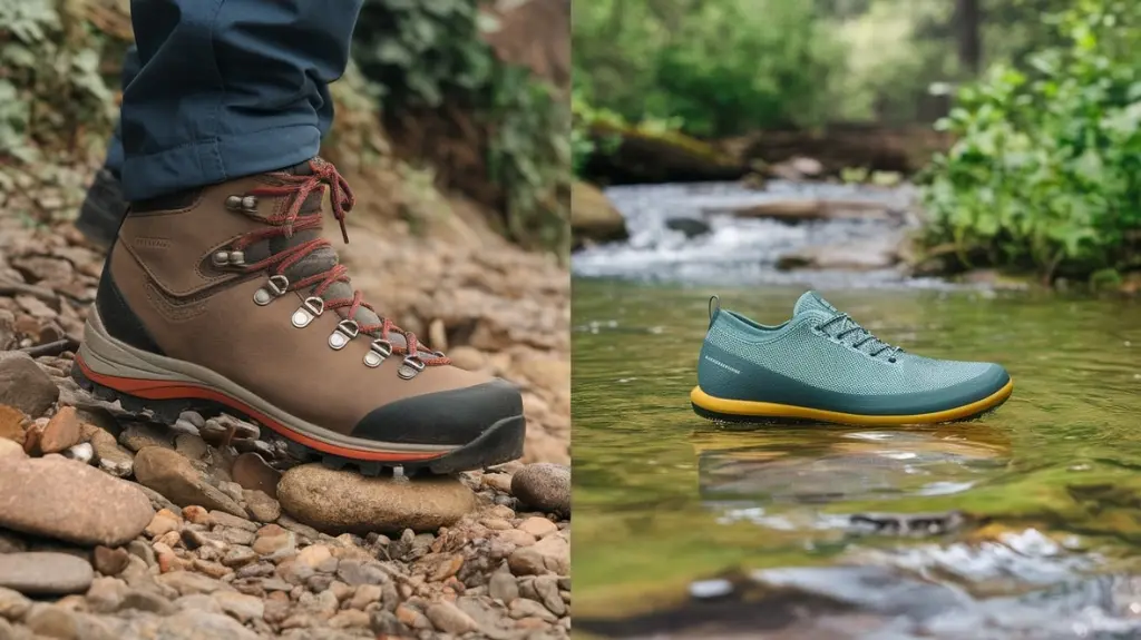 A split image showcasing a rugged hiking boot on a rocky trail contrasted with a lightweight, breathable water shoe in a vibrant stream, highlighting their functionalities in diverse terrains and environments.