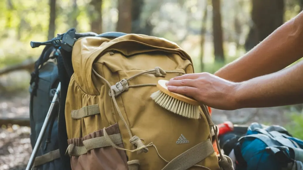 A close-up of a well-worn day hiking rucksack being gently cleaned with a soft brush, surrounded by hiking gear, a serene forest backdrop, and sunlight filtering through trees, highlighting the rucksack's textures and colors. 