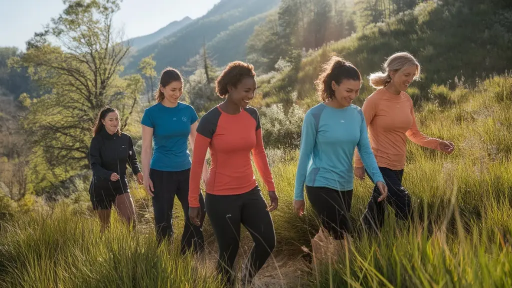 A vibrant outdoor scene showcasing diverse women in various hiking shirts, navigating a sunlit trail surrounded by lush greenery, mountains in the background, emphasizing comfort, versatility, and performance in their attire. 