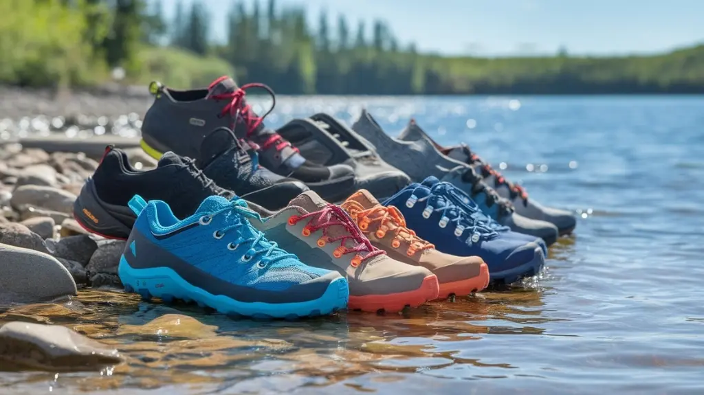 A close-up of diverse hiking water shoes on a rocky lakeside, showcasing various styles, textures, and colors. Sunlight glimmers on water, highlighting the shoes' features against a backdrop of lush greenery and clear blue sky.