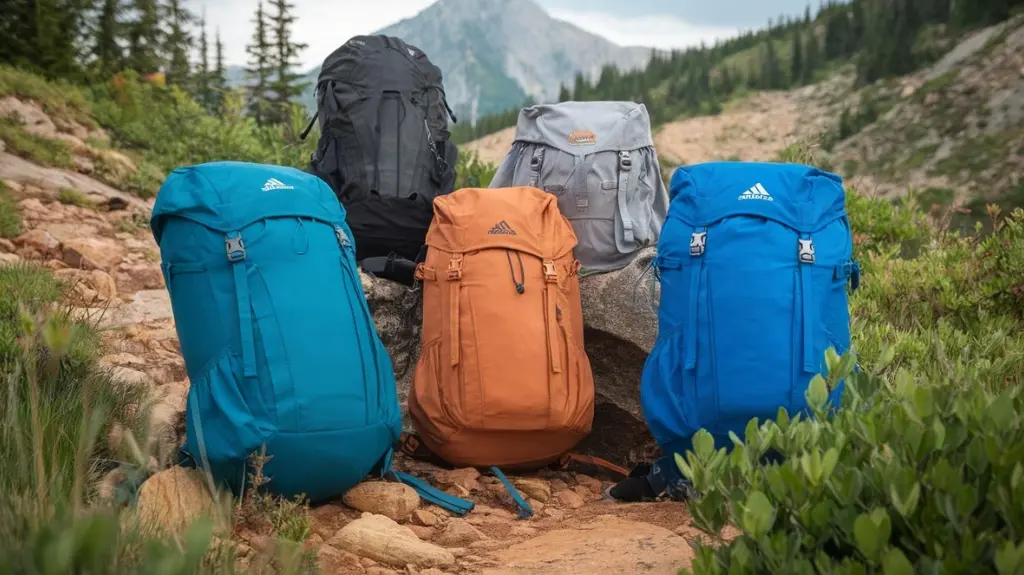 A vibrant outdoor scene featuring a variety of day hiking rucksacks in different sizes and colors, nestled among lush greenery, rocky trails, and a serene mountain backdrop, highlighting various features like pockets and straps. 