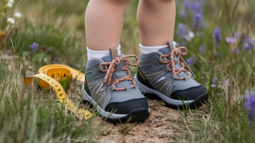 A close-up of tiny toddler hiking shoes on a grassy trail, surrounded by colorful wildflowers, with a measuring tape beside them, emphasizing the importance of size and fit for little adventurers' feet