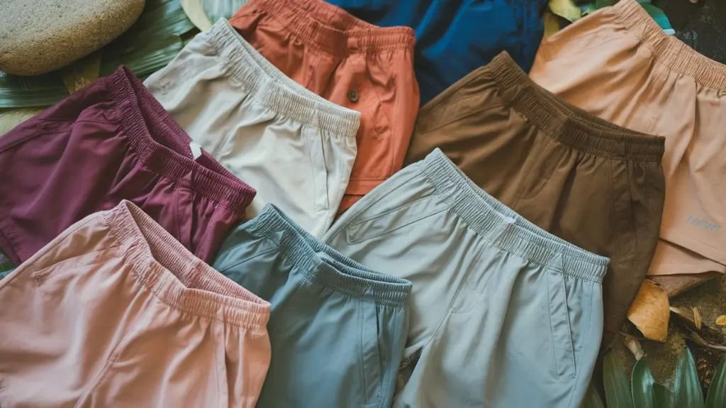 A flat lay of various women's hiking shorts in different sizes and styles, showcasing breathable fabrics, adjustable waistbands, and functional pockets, surrounded by nature elements like leaves and stones for an outdoorsy vibe.