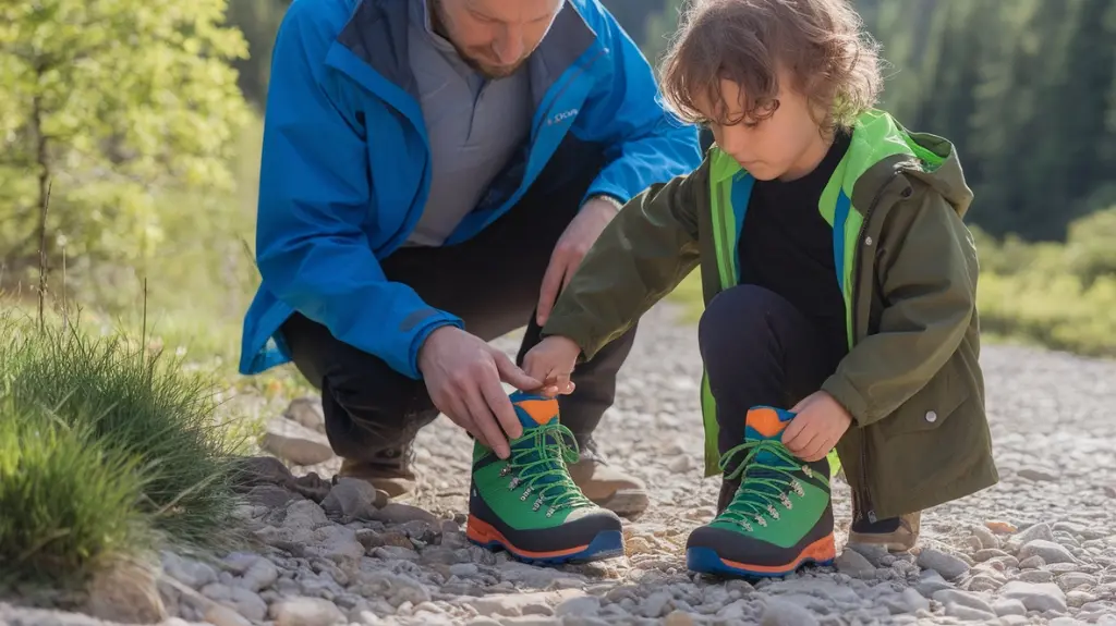 A parent kneeling beside a child, both examining a pair of vibrant hiking boots in a sunlit outdoors setting. Surrounding them are lush green trees and a rocky trail, showcasing the importance of fit and comfort.