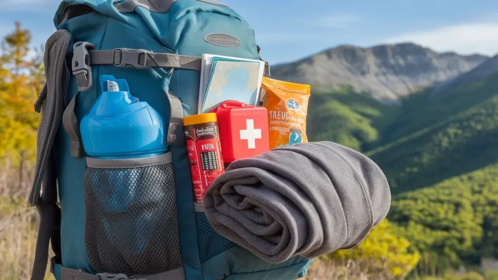 A well-organized day hiking rucksack packed with essential gear: hydration bladder, snacks, first-aid kit, map, and layered clothing, set against a scenic mountain backdrop with vibrant greenery and a clear blue sky. 