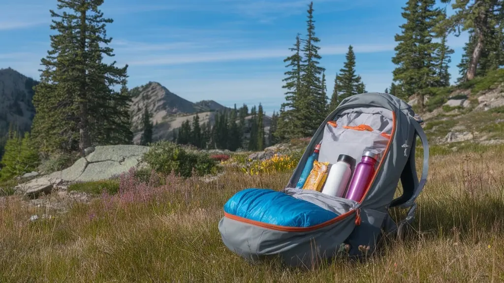 A serene mountain landscape with a lightweight backpack open, neatly packed with essentials like a sleeping bag, water bottle, and snacks, surrounded by vibrant wildflowers and towering pine trees under a clear blue sky.