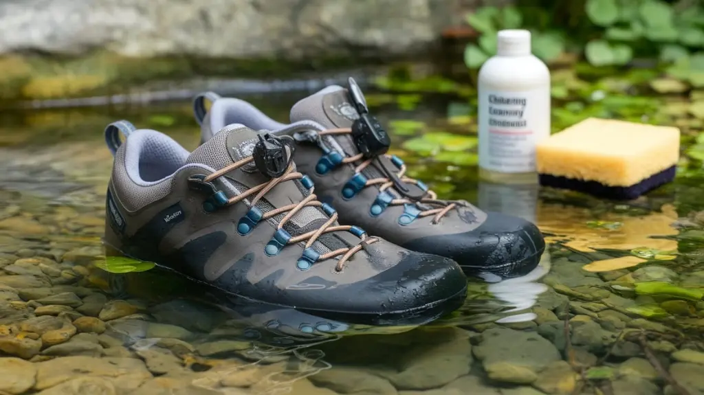 A close-up of a pair of well-worn hiking water shoes submerged in clear water, surrounded by pebbles and greenery, with a soft sponge and a bottle of cleaning solution nearby, emphasizing care and maintenance.