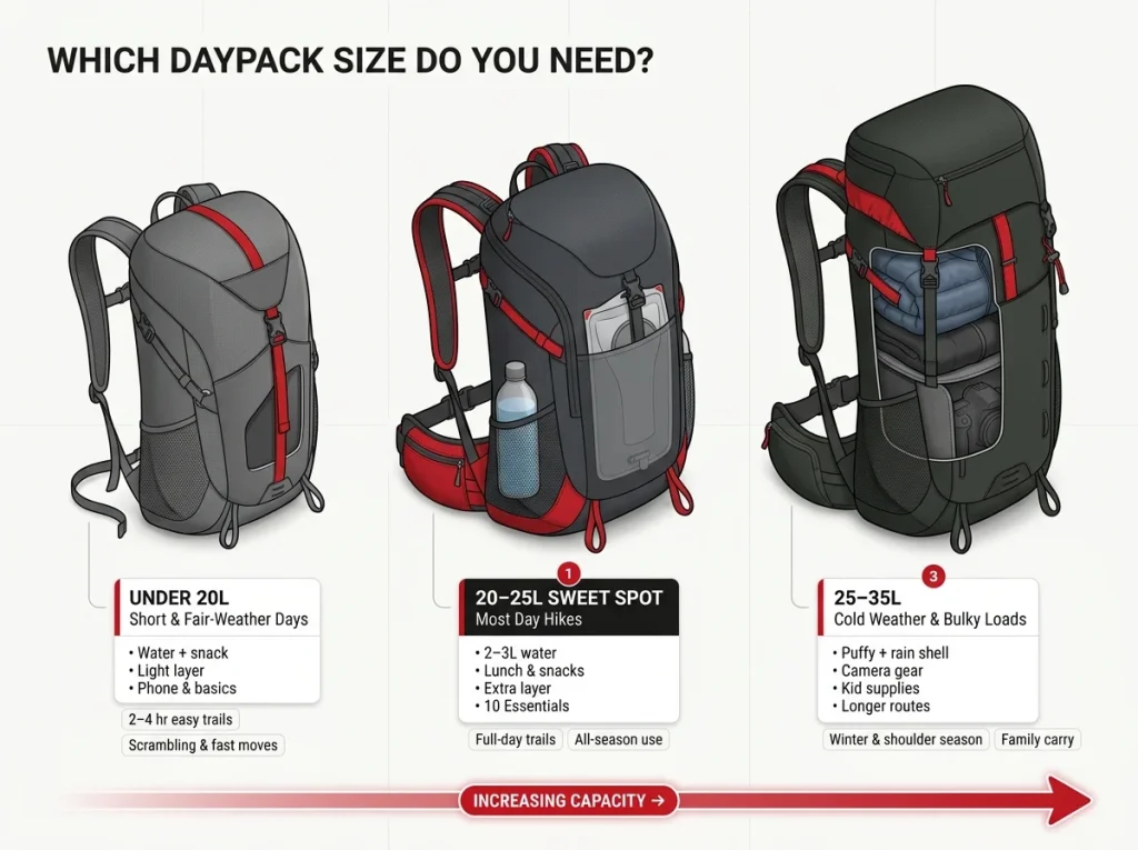 Infographic showing three daypack sizes — sub-20L, 20–25L, and 25–35L — with labeled contents and ideal hike types for each