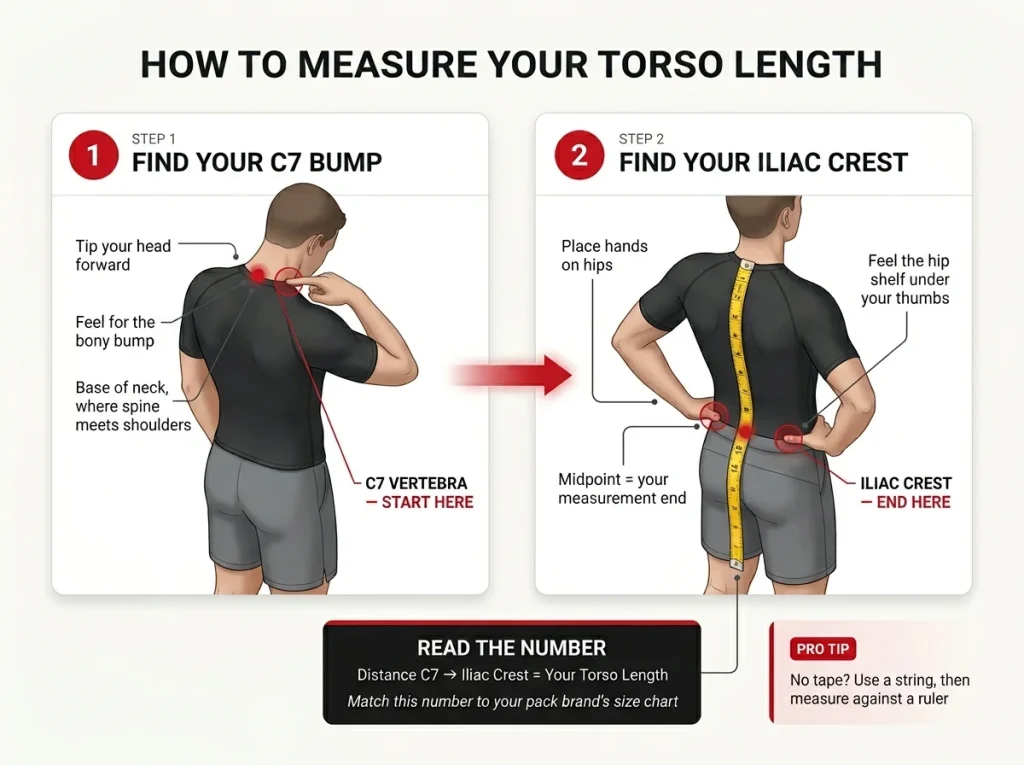 Step-by-step diagram showing how to measure torso length for a backpack — locating C7 vertebra and iliac crest with tape measure