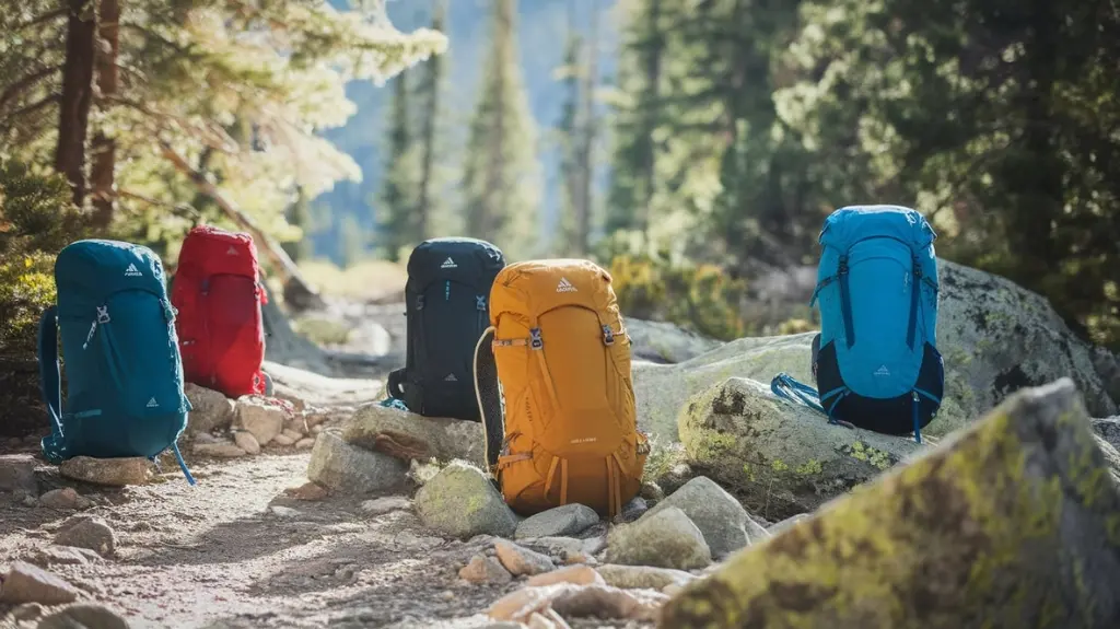 A serene mountain trail with various lightweight hiking backpacks displayed on rocks, showcasing different colors and designs. Sunlight filters through trees, highlighting the importance of pack weight in a vivid outdoor setting