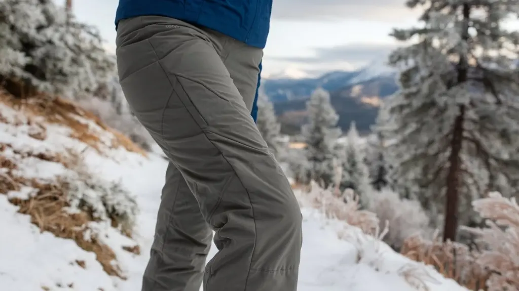 A close-up of a woman wearing insulated hiking pants, surrounded by a snowy trail. The fabric texture is highlighted, showcasing warmth and flexibility, with a backdrop of frosted pine trees and a distant mountain range.