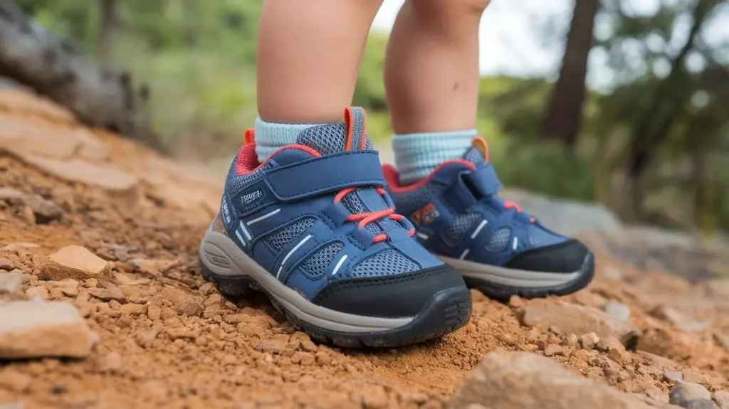 A close-up of toddler hiking shoes on a rocky trail, showcasing features like sturdy soles, breathable mesh, cushioned insoles, and adjustable straps, with vibrant nature surrounding them, highlighting adventure and exploration