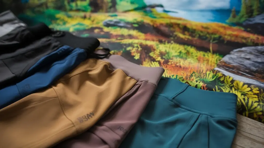 an image showcasing a variety of women's hiking bottoms made from durable, stretchy materials. Include close-ups of fabric textures, weather-resistant features, and vibrant nature backgrounds highlighting outdoor adventures.