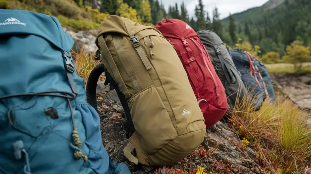 A close-up of various lightweight hiking backpacks displaying diverse materials like ripstop nylon, canvas, and waterproof fabrics, set against a natural outdoor backdrop, showcasing durability through rugged terrain and vibrant nature elements.