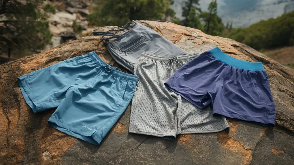 A close-up of various hiking shorts laid out on a rugged outdoor surface, showcasing diverse materials like lightweight nylon, breathable mesh, and stretchy spandex, with textures and colors highlighting comfort and durability.