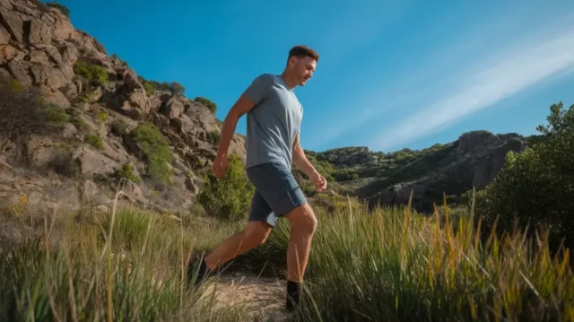 A scenic outdoor setting showcasing a model wearing lightweight, breathable men's hiking shorts, surrounded by lush greenery and rugged terrain, highlighting pockets, adjustable waistbands, and moisture-wicking fabric under a bright blue sky