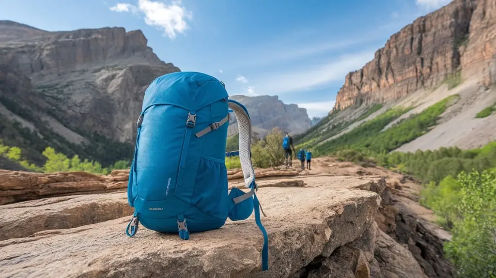 A vibrant outdoor scene showcasing a lightweight hiking backpack perched on a rocky ledge, surrounded by towering mountains, lush greenery, and a clear blue sky, highlighting features like breathable mesh, adjustable straps, and multiple pockets.