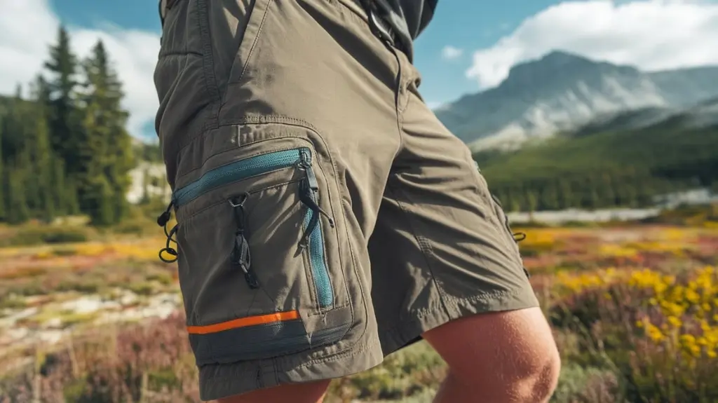 A close-up of rugged hiking shorts showcasing multiple pockets and zippers, with vibrant outdoor scenery in the background. Highlight the varied storage options, emphasizing durability and functionality, in a sunlit setting.