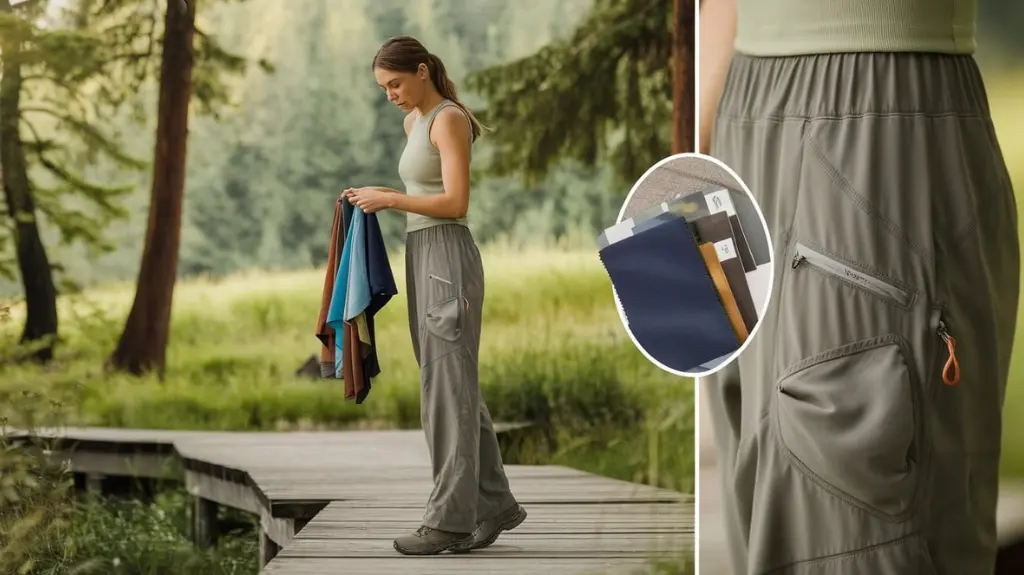 A serene hiking scene featuring a woman in lightweight, breathable hiking pants, examining various fabric swatches, surrounded by nature. Include a close-up of pockets and stretch features, emphasizing comfort and functionality.