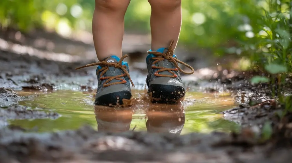 A vibrant forest trail with a close-up of colorful toddler hiking shoes splashing through puddles, surrounded by lush greenery and soft sunlight filtering through leaves, capturing the spirit of adventure and exploration.