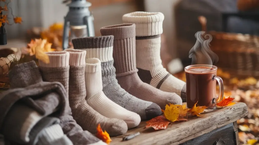 A cozy scene featuring various styles of boot socks displayed on a rustic wooden surface, with natural textures like wool, cotton, and fleece visible. Enhance with a steaming mug of cocoa and autumn leaves.