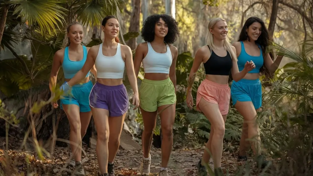 A vibrant outdoor scene featuring a diverse group of women hiking through a lush forest, showcasing colorful hiking shorts, highlighting comfort and style. Sunlight filters through trees, illuminating their active poses.