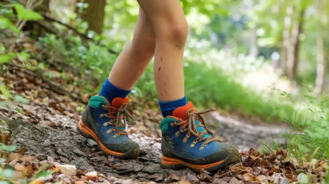 A vibrant scene of a young child hiking on a forest trail, wearing colorful, sturdy hiking boots. The boots are splattered with mud, surrounded by lush greenery and sunlight filtering through the trees. -