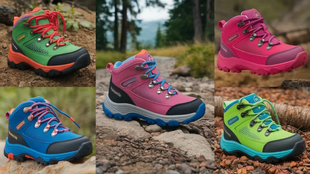 A collage of vibrant kids hiking boots showcasing key features: sturdy soles, waterproof materials, cushioned insoles, ankle support, and colorful designs, set against a scenic outdoor backdrop of a forest trail. 