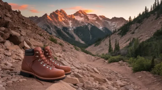 High-quality brown leather hiking boots on a rocky mountain trail, surrounded by majestic peaks and lush forests, with a warm sunrise in the background, embodying the spirit of adventure and durability