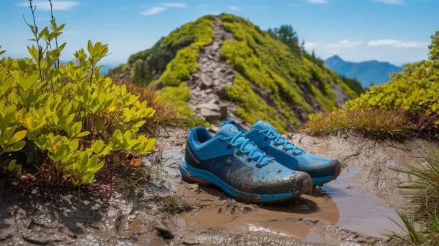 A rugged mountain trail with vibrant green foliage, featuring a pair of sleek, waterproof hiking shoes splashed with mud, surrounded by glistening puddles, under a clear blue sky with distant peaks