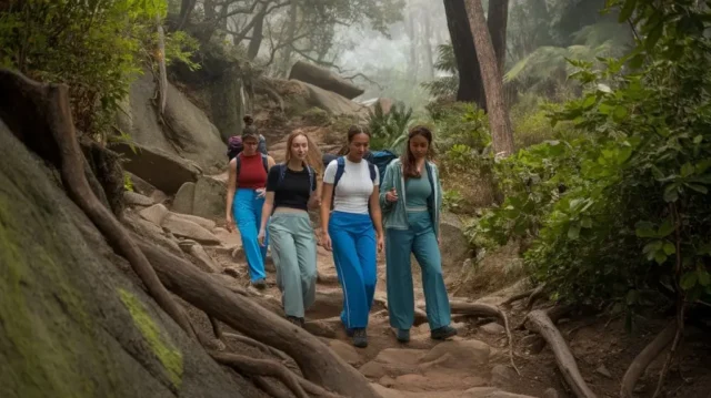 A vibrant outdoor scene showcasing diverse women in stylish hiking bottoms on rugged trails, featuring lush green forests, rocky terrains, and dynamic poses. Highlight a variety of fabrics and designs, emphasizing comfort and functionality.