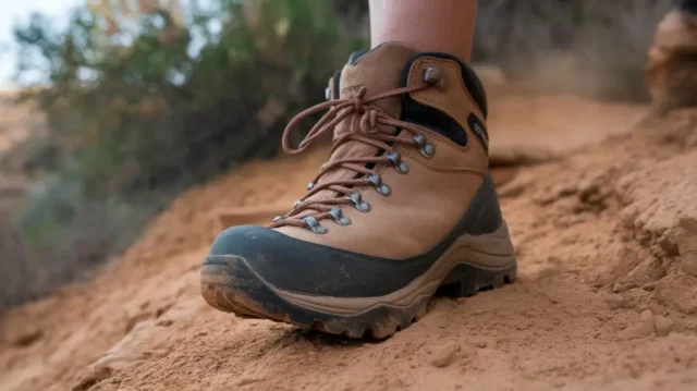 A close-up of a hiker's foot inside a worn hiking boot, focusing on a blackened toenail. Surrounding elements include rugged terrain, a dusty trail, and hints of nature, like green foliage in the background