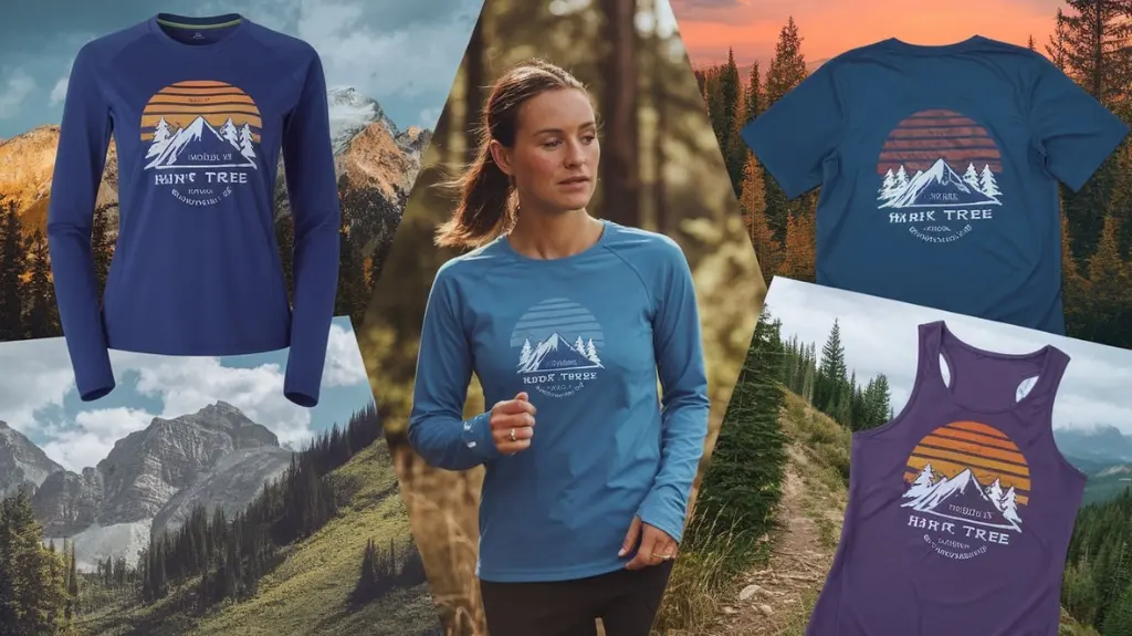 A collage of various women's hiking shirts: moisture-wicking, long-sleeve, short-sleeve, and tank tops, displayed on diverse backgrounds like mountains, forests, and trails, showcasing vibrant colors and breathable fabrics.