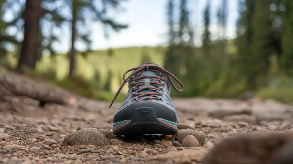 Close-up of a woman's foot in hiking shoes on a rocky trail, focusing on the toe area, with a subtle shadow suggesting discomfort. Background shows a blurred forest scene under a clear sky. Serene yet subtly alarming mood