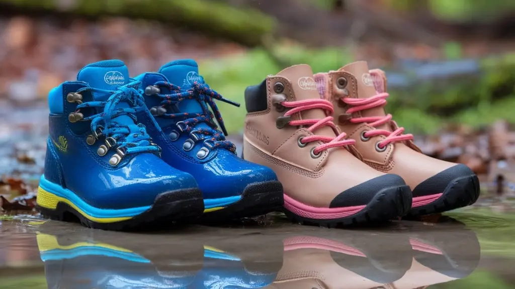 A close-up of two pairs of kids hiking boots side by side, one shiny and wet showcasing waterproof features, the other slightly damp illustrating water-resistant qualities, set against a vibrant forest backdrop with puddles.