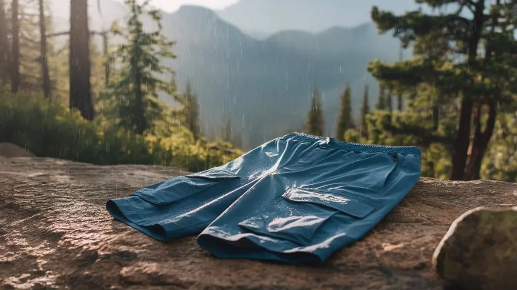 A pair of lightweight, multi-pocket hiking shorts displayed on a rocky trail, with raindrops beading on the fabric, sunlight filtering through trees, and a backdrop of mountains, showcasing their weather resistance and UV protection.