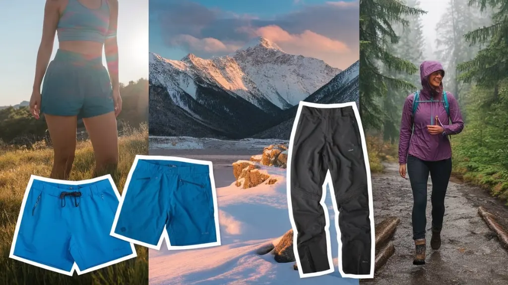 A collage of women's hiking bottoms: lightweight shorts in a sunny landscape, insulated pants amidst snow-capped mountains, and waterproof leggings in a rainy forest, showcasing vibrant colors and diverse textures for various weather adventures.