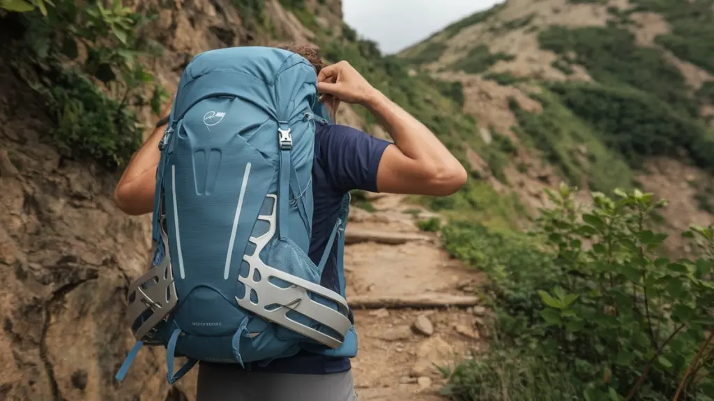 a hiker adjusting a lightweight backpack on a mountain trail, showcasing an ergonomic frame with visible weight distribution features, surrounded by lush greenery and rugged terrain, emphasizing comfort and balance in hiking gear. 