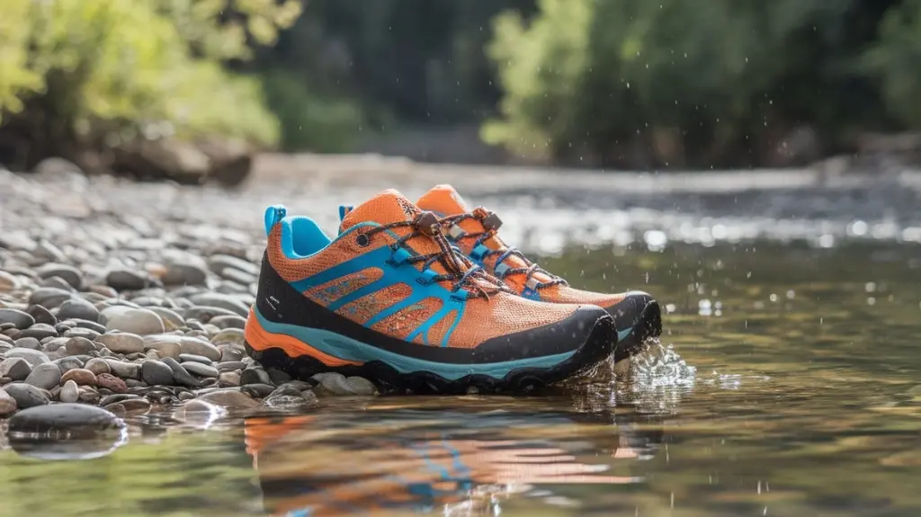 A close-up of vibrant hiking water shoes perched on a rocky riverbank, splashes of water reflecting sunlight, surrounded by lush greenery and pebbles, showcasing their breathable mesh and rugged sole, ready for adventure.