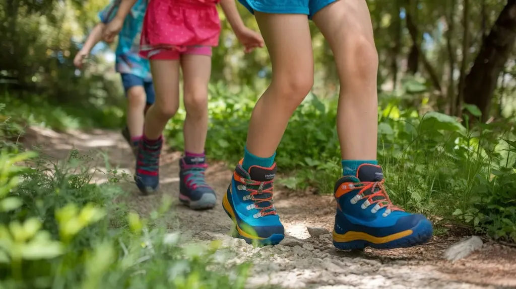 A vibrant forest trail with children joyfully hiking, wearing colorful hiking boots. The scene showcases close-ups of sturdy soles, cushioned interiors, and protective features, highlighting safety and comfort amidst lush greenery and dappled sunlight