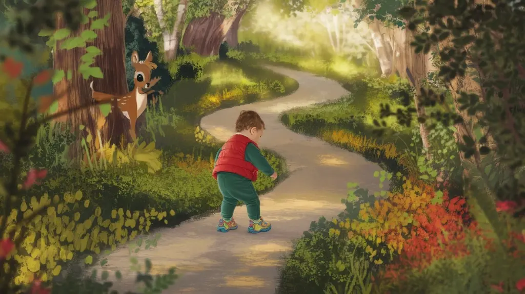 A vibrant forest scene showcasing a toddler wearing colorful hiking shoes, exploring a winding trail surrounded by lush greenery, dappled sunlight filtering through the trees, with playful wildlife peeking through the foliage